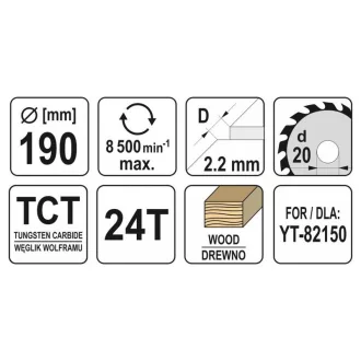 YATO Disc de tăiat lemn 190 x 20 x 1,5 mm / 24T
