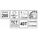 YATO Disc de tăiere pentru lemn 200 x 30 x 2,2 mm / 40T