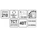 YATO Disc de tăiere pentru lemn 210 x 30 x 2,2 mm / 40T