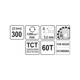 Disc de ferăstrău pentru lemn YATO 300 x 30 x 2,0 mm / 60T