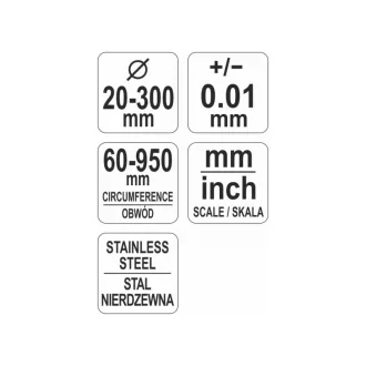   Bandă de măsurat YATO Precision (+-0,01 mm), diametru 30-300 mm, circumferință 60-950 mm inox