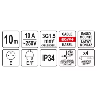   YATO Tambur de cablu automat pentru montare pe perete 10 m 3 x 1,5 mm2