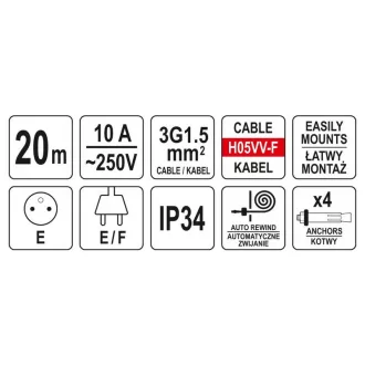   YATO Tambur de cablu automat pentru montare pe perete 20 m 3 x 1,5 mm2