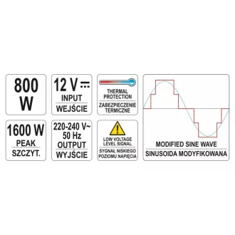 YATO Adaptor de tensiune invertor 12V->230V 800W