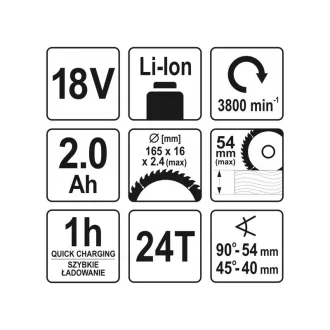   Ferăstrău circular fără fir YATO 165 mm 18 V Li-Ion (1 x 2,0 Ah baterie + încărcător)