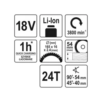   Ferăstrău circular fără fir YATO 165 mm 18 V Li-Ion (fără baterie + încărcător)