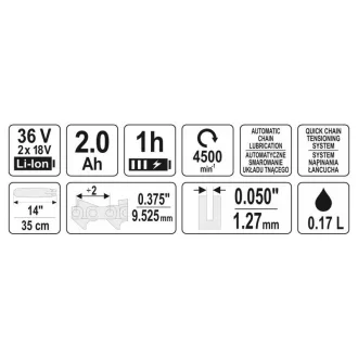   Motoferăstrău YATO fără fir 350 mm 2 x 18 V (2 x 2,0 Ah baterie + încărcător)