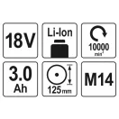 Polizor unghiular YATO fără fir 125 mm 18 V Li-Ion (2 x 3,0 Ah baterie + încărcător)
