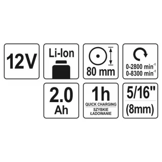   YATO Polizor fără fir 80 mm 12 V Li-Ion (1 x 2,0 Ah baterie + încărcător)