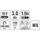 YATO Polizor excentric fără fir 150 mm fără perie de cărbune 18 V Li-Ion (1 x baterie de 3,0 Ah + încărcător)