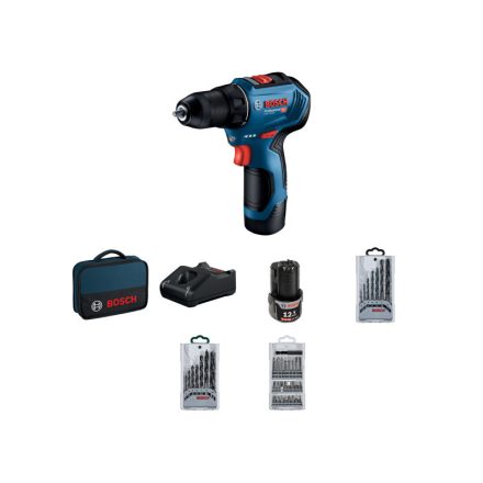 BOSCH mașină de găurit cu acumulator GSR 12V-30 în geantă + seturi de accesorii (2 x baterie de 2,0 Ah + încărcător rapid)
