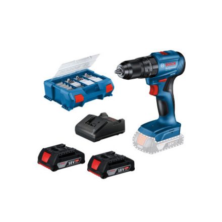 BOSCH Mașină de găurit cu percuție cu acumulator GSB 185-LI + 82 r. accesoriu incl. în valiză (2 baterii de 2,0 Ah + încărcător