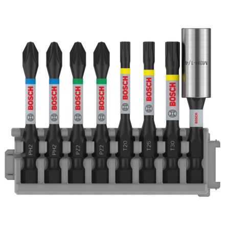 BOSCH PRO Set de vârfuri pentru șurubelniță 8 buc. 50 mm + suport (PH2 x 2, PZ2 x 2, T20, T25, T30) Pick & Click