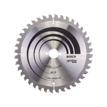 Disc de tăiere pentru lemn BOSCH 250 x 30 x 3,2 mm / 40T Optiline Wood ATB / N