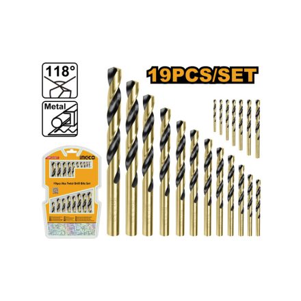 INGCO Set de burghie elicoidale 19 piese 1-10 mm HSS cilindric
