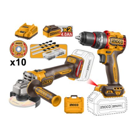 INGCO Pachet de putere cu acumulator 20 V Perforator-șurubelniță 66 Nm+Polizor unghiular 115 mm (2 baterii + încărcător)