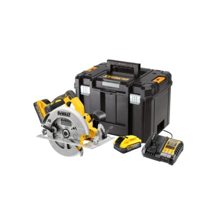 DEWALT Fierăstrău circular pe baterie 18 V, 184 mm, fără perii (2 x 5,0 Ah Power Stack baterie + încărcător + TSTAK)