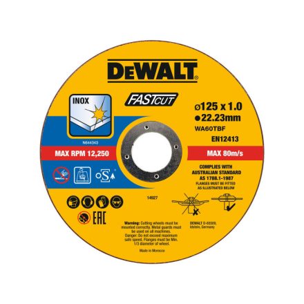 DEWALT Disc de tăiere pentru metal 125 x 1,0 x 22,2 mm inox WA60TBF în ambalaj de găleată (100 buc)