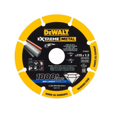 Disc de tăiere cu diamant pentru metal DEWALT EXTREME METAL 115 x 1,3 x 22,2 mm (metal/alu/inox)
