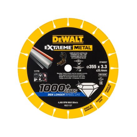DEWALT EXTREME METAL Disc de tăiere cu diamant pentru metal 355 x 3,3 x 25,4 mm (metal/alu/inox)