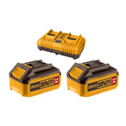 INGCO Set acumulator și încărcător 20 V (2 x 5,0 Ah acumulator + încărcător dublu 8,0 A)