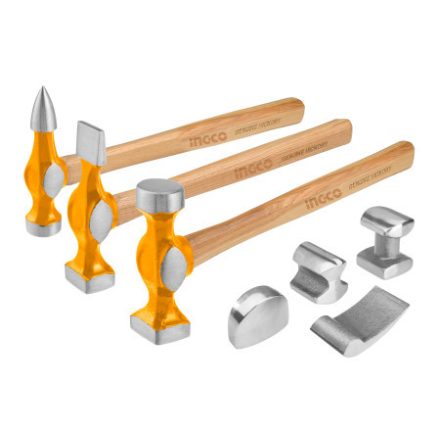 INGCO Set de ciocan și dreptar pentru caroserie, 7 piese, cu mâner Hickory