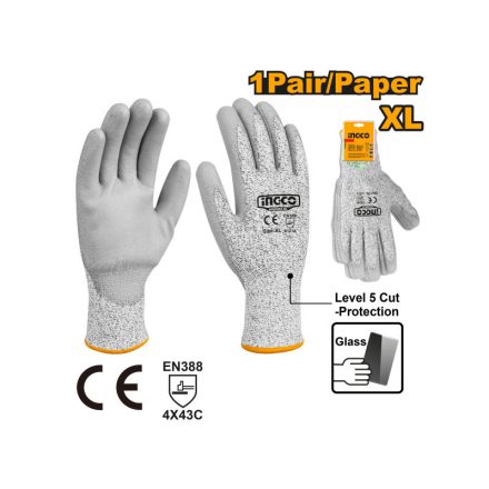 INGCO Mănuși de protecție la muncă XL anti-tăietură cu PU înmuiat 3/C
