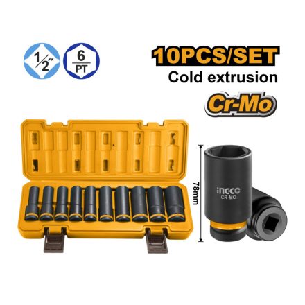 INGCO Set de chei tubulare lungi pentru mașină, 10 piese, 1/2" 10-24 mm CrMo