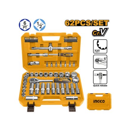 Set de chei tubulare INGCO 62 piese 1/2" 10-32 mm CrV