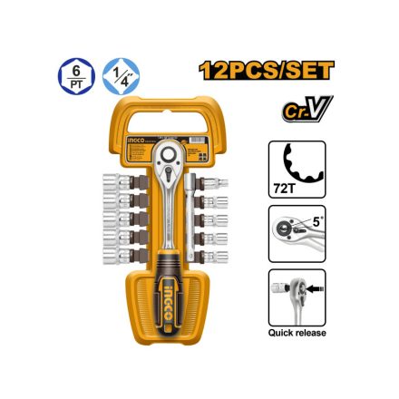 Set de chei tubulare INGCO 12 piese 1/4" 5-14 mm CrV