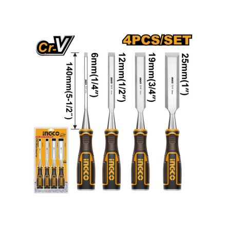 INGCO Set de dălți pentru lemn, 4 piese, 6-25 mm, cu mâner din plastic