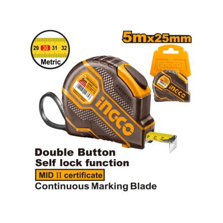 INGCO Ruletă de măsurare 5 m x 25 mm cu cauciuc