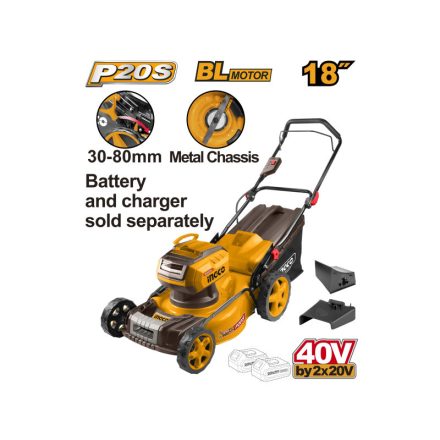 INGCO Mașină de tuns iarba cu baterie 460 mm 2 x 20 V fără perii de carbon (fără baterie și încărcător)
