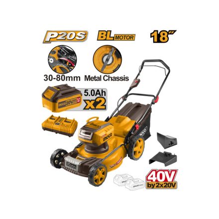 Mașină de tuns gazonul cu baterie INGCO 460 mm 2 x 20 V fără perii de carbon (2 x 5,0 Ah baterie + încărcător)