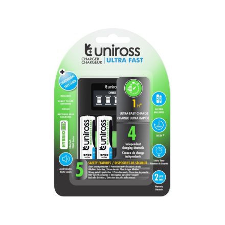 Încărcător rapid procesor UNIROSS + 4 baterii AA/creion 1.2 V 2700 mAh