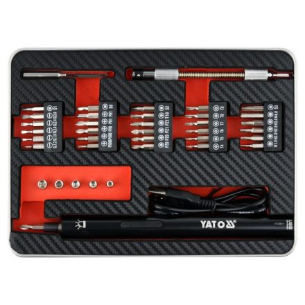 Set șurubelniță de precizie YATO cu acumulator și set de biți 39 de părți 3,6 V Li-Ion (baterie de 0,45 Ah + cablu de încărcare