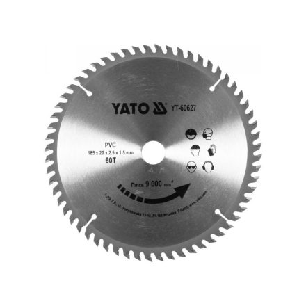 Disc de tăiere pentru PVC YATO 185 x 20 x 1,5 mm / 60T